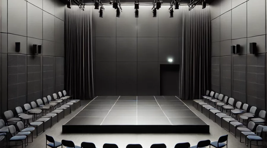 DALL·E 2024-08-21 12.55.54 - A modern black box theater space, featuring a minimalistic design with black walls, a black ceiling, and a black floor. The space is equipped with adj